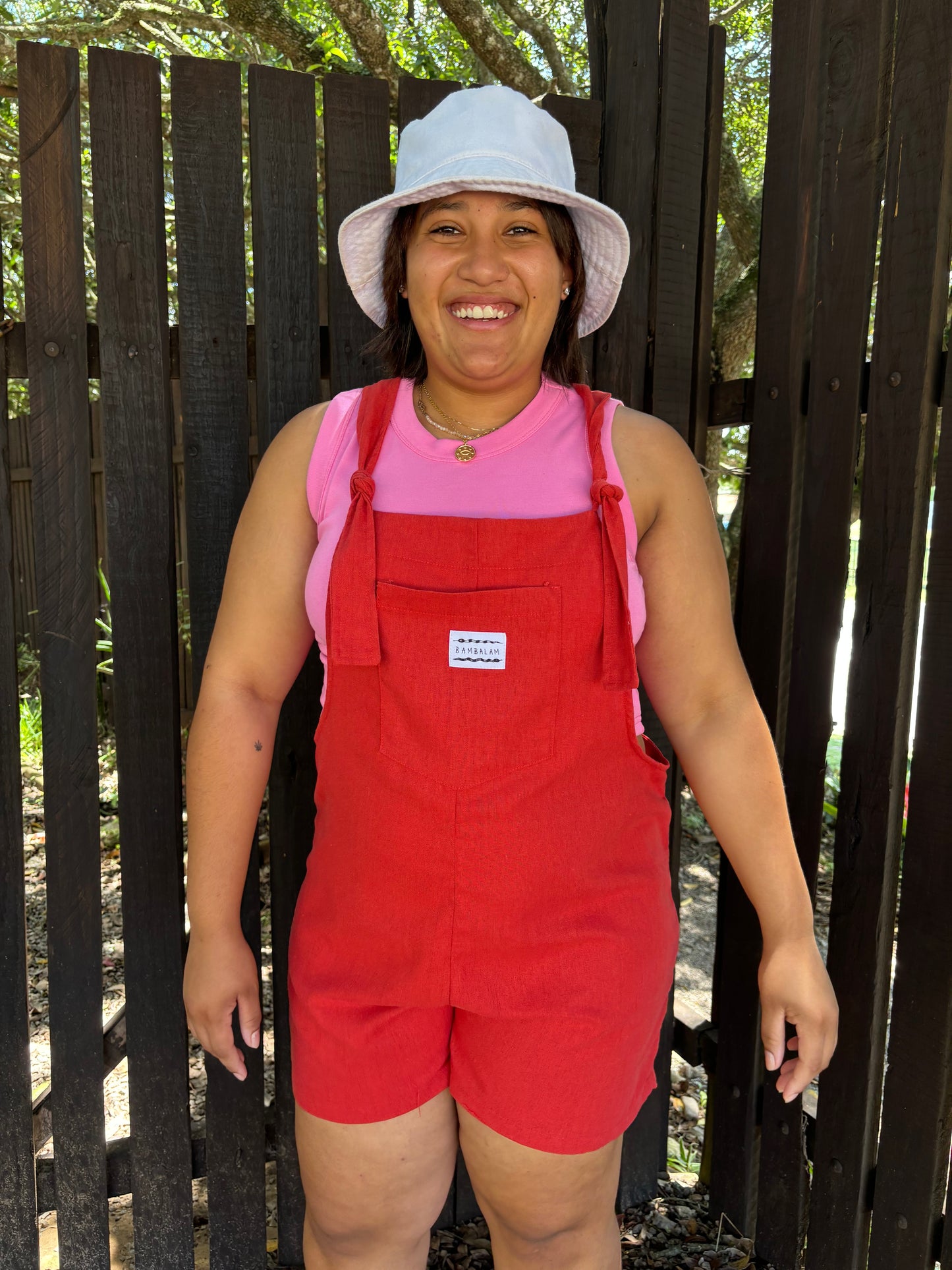 'Red ray-linen' Short dungaree