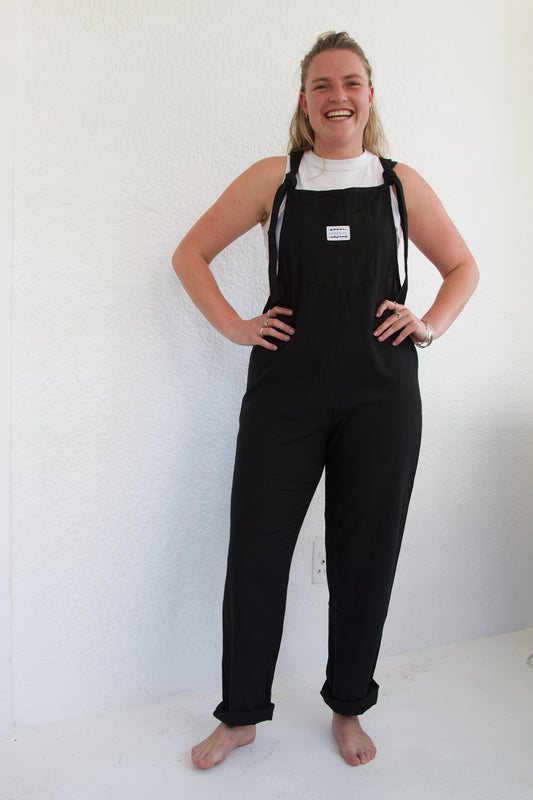 'Black ray-linen' Long dungaree
