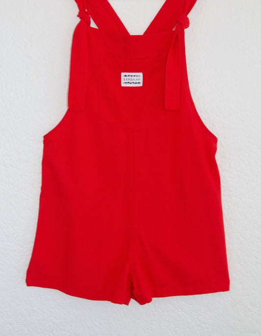 'Red ray-linen' Short dungaree