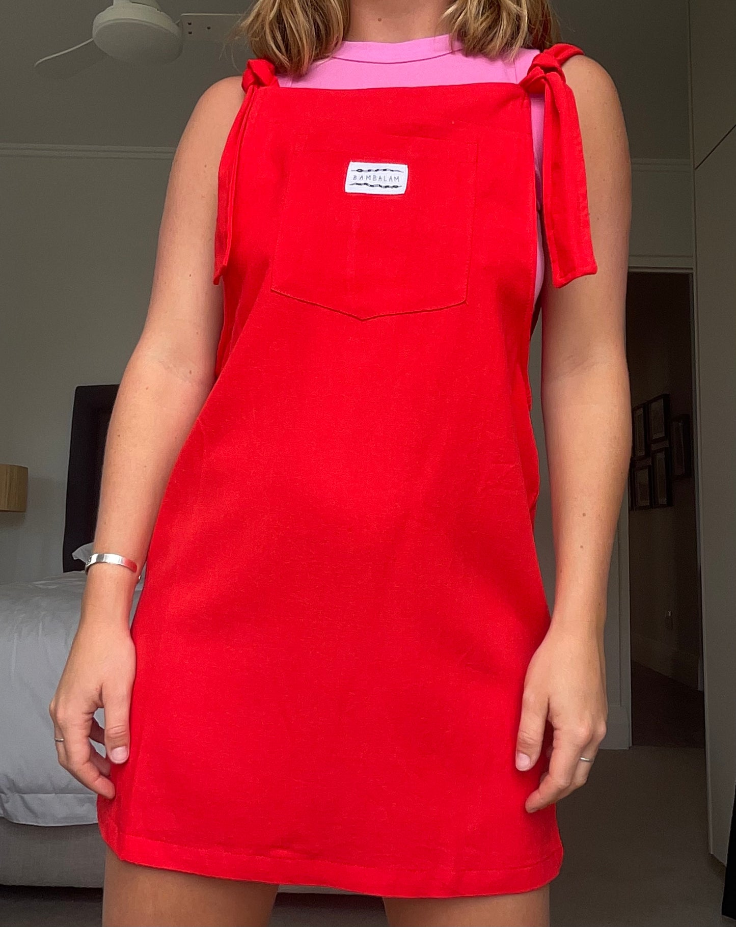 'Red ray-linen' Dress dungaree