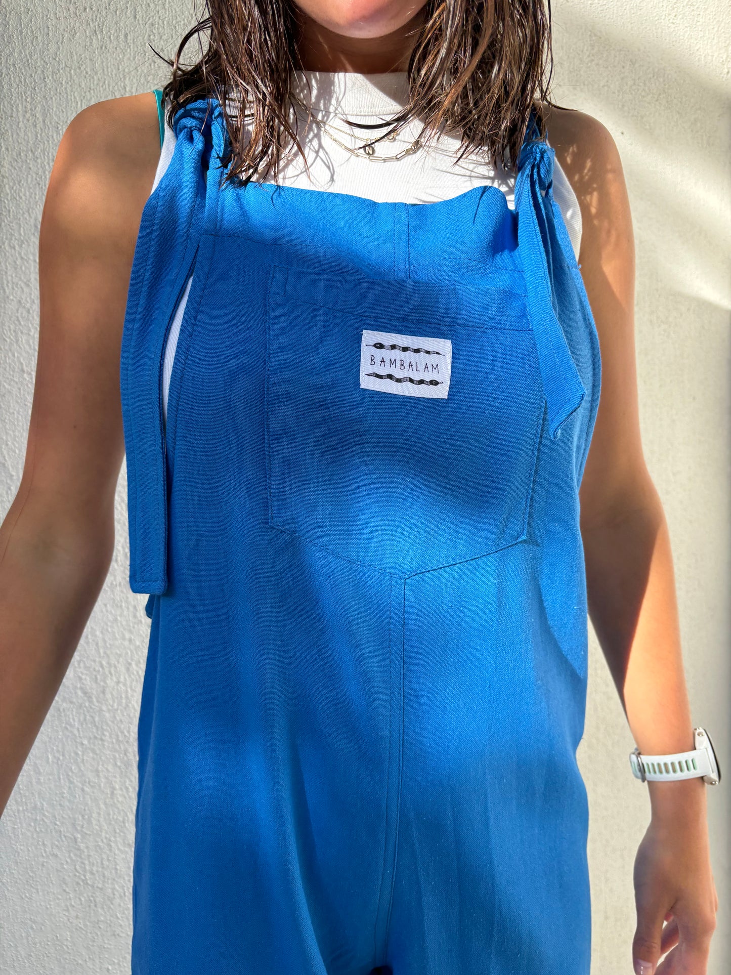 'Blue ray-linen' Long dungaree