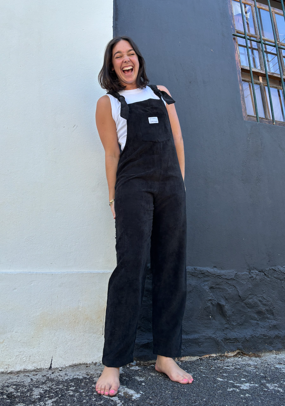 ‘Wide black corduroy’ Long dungaree