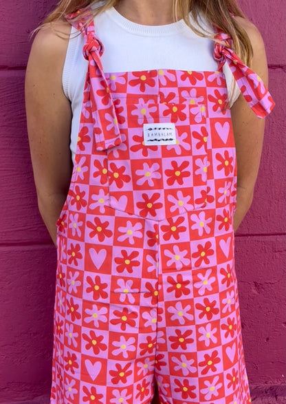 Love is the Honey long dungaree. Pink and Red checkered pattern with flowers